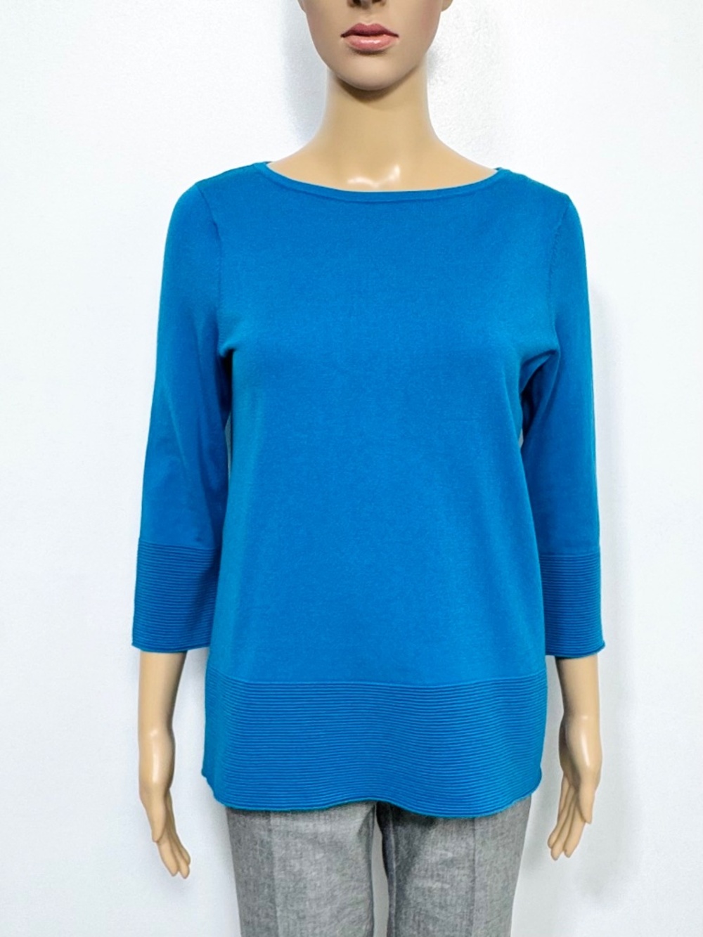 Lands' End Boatneck Knit Sweater 3/4 Sleeve Ribbed Trim Deep Turquoise Blue